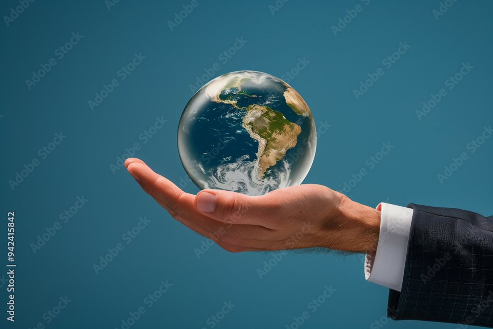 Conceptual Representation of Global Stewardship with a Transparent Globe in a Man's Hand Against a Blue Background Conceptual Representation of Global Stewardship with a Transparent Globe in a Man's Hand Against a Blue Background