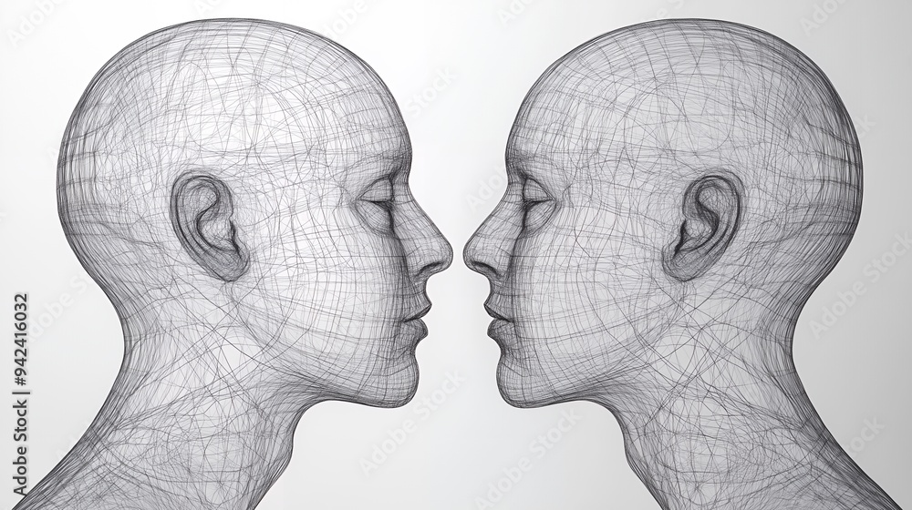 Two stylized human heads facing each other in a wireframe design. Two stylized human heads facing each other in a wireframe design.