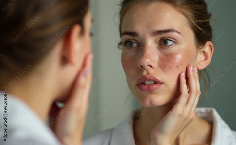 A woman is looking at her reflection in a mirror A woman is looking at her reflection in a mirror