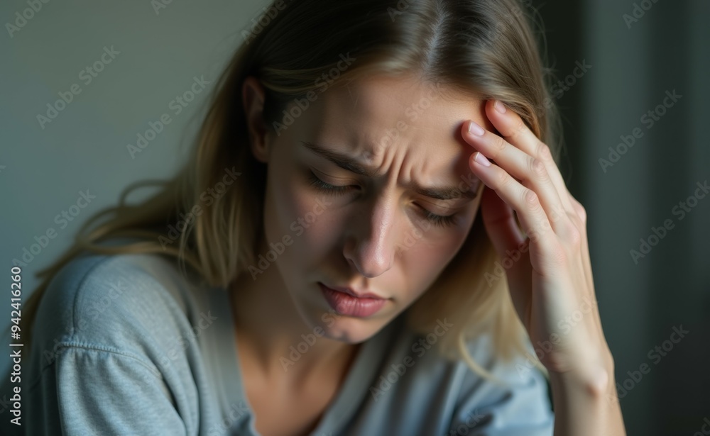 A woman is holding her head in her hands and looking down A woman is holding her head in her hands and looking down