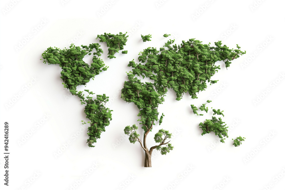 Striking Representation of the World Map Formed by a Tree with Leafy Branches Shaped as Continents on a White Background Striking Representation of the World Map Formed by a Tree with Leafy Branches Shaped as Continents on a White Background