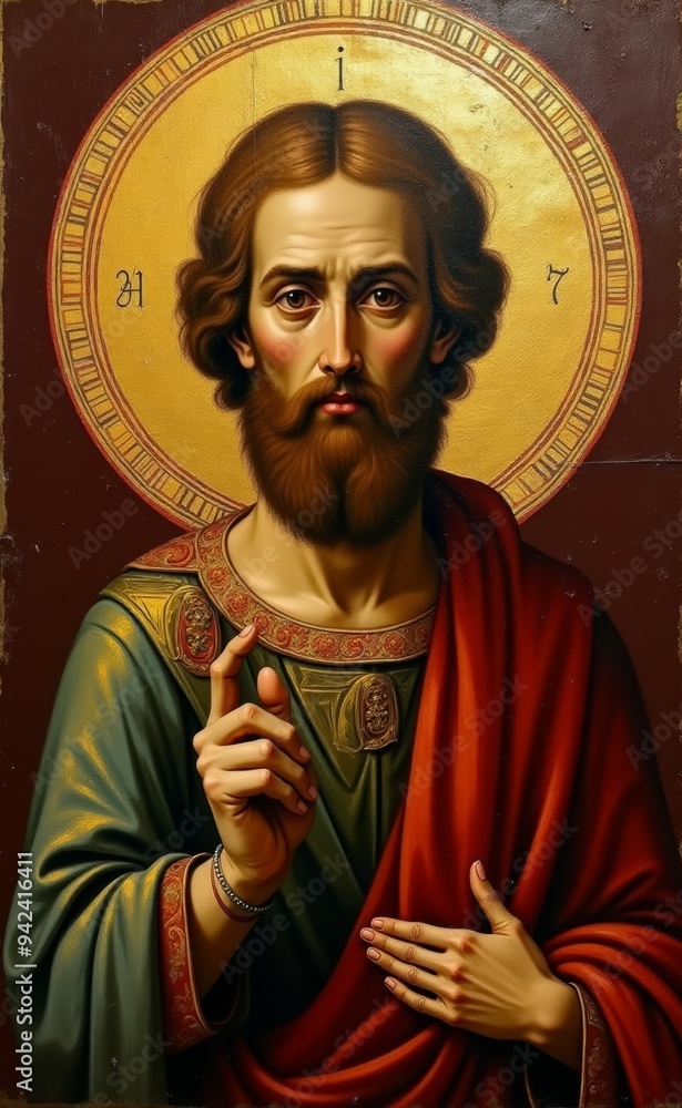 Naklejka premium A painting of Jesus Christ with a beard and red robe