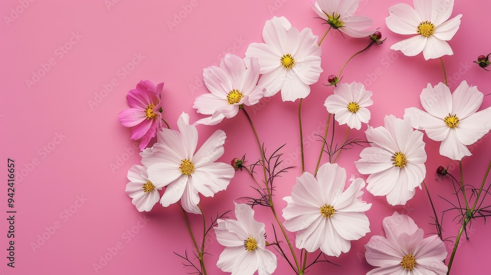 Cosmos blooms on pink backdrop Cosmos blooms on pink backdrop