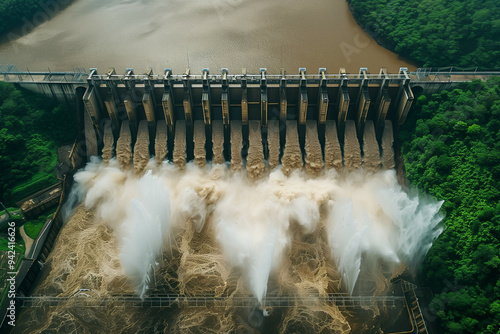 Aerial View of a Massive Hydroelectric Dam Releasing Water with Vast Greenery Surrounding, Demonstrating Renewable Energy in Action photo