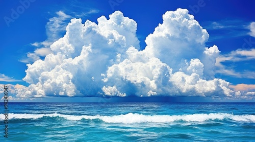 A stunning view of fluffy white clouds above a calm ocean, showcasing a serene blue sky and gentle waves lapping at the shore.