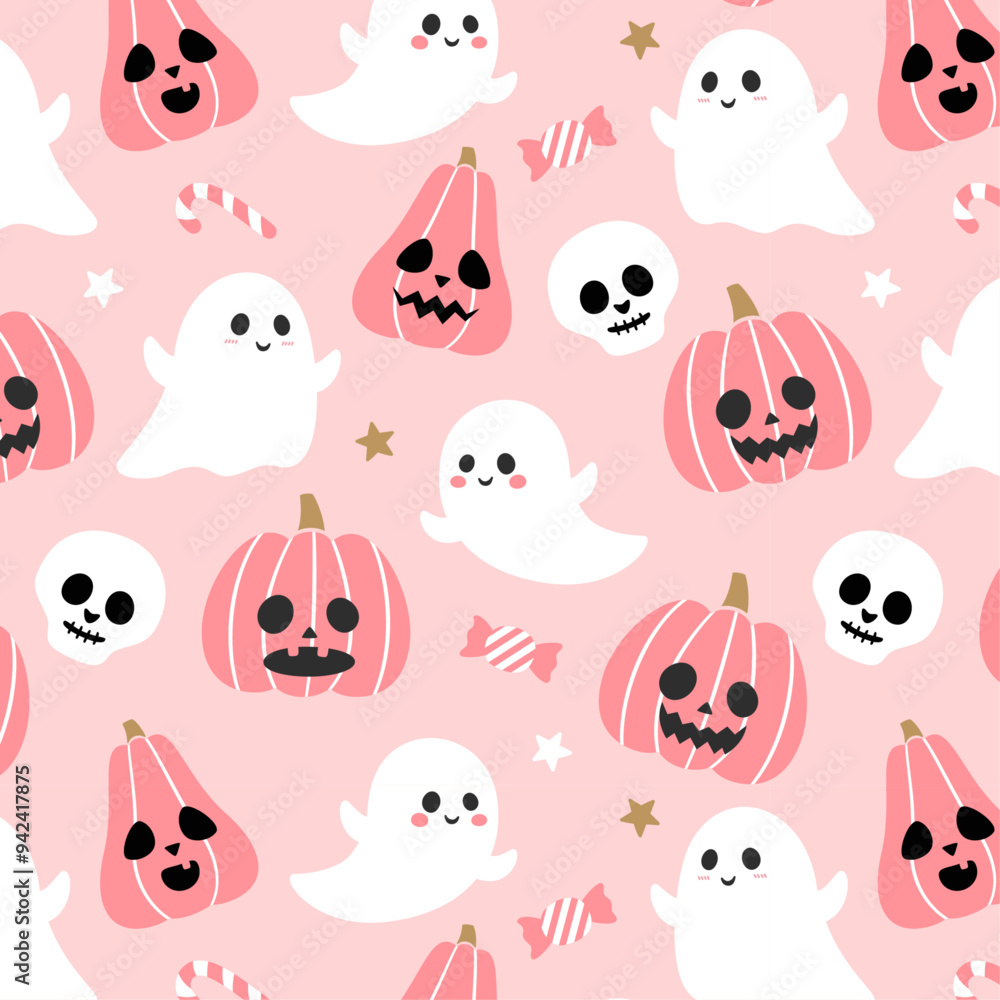 Seamless cartoon halloween pattern in pink background. Pink Halloween ghost pumpkin and skull vector in flat style. Vector illustration. Seamless cartoon halloween pattern in pink background. Pink Halloween ghost pumpkin and skull vector in flat style. Vector illustration.