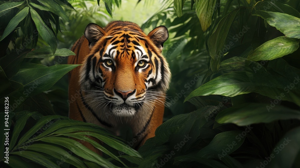 Tiger Hiding in Lush Green Jungle Foliage Tiger Hiding in Lush Green Jungle Foliage