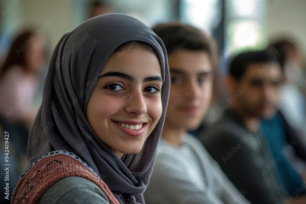 Selective focus on Arab student at school with students and classmates in diverse origins such as Africa, Asian, South America and other origin ideal for diversity concept with generative ai Selective focus on Arab student at school with students and classmates in diverse origins such as Africa, Asian, South America and other origin ideal for diversity concept with generative ai