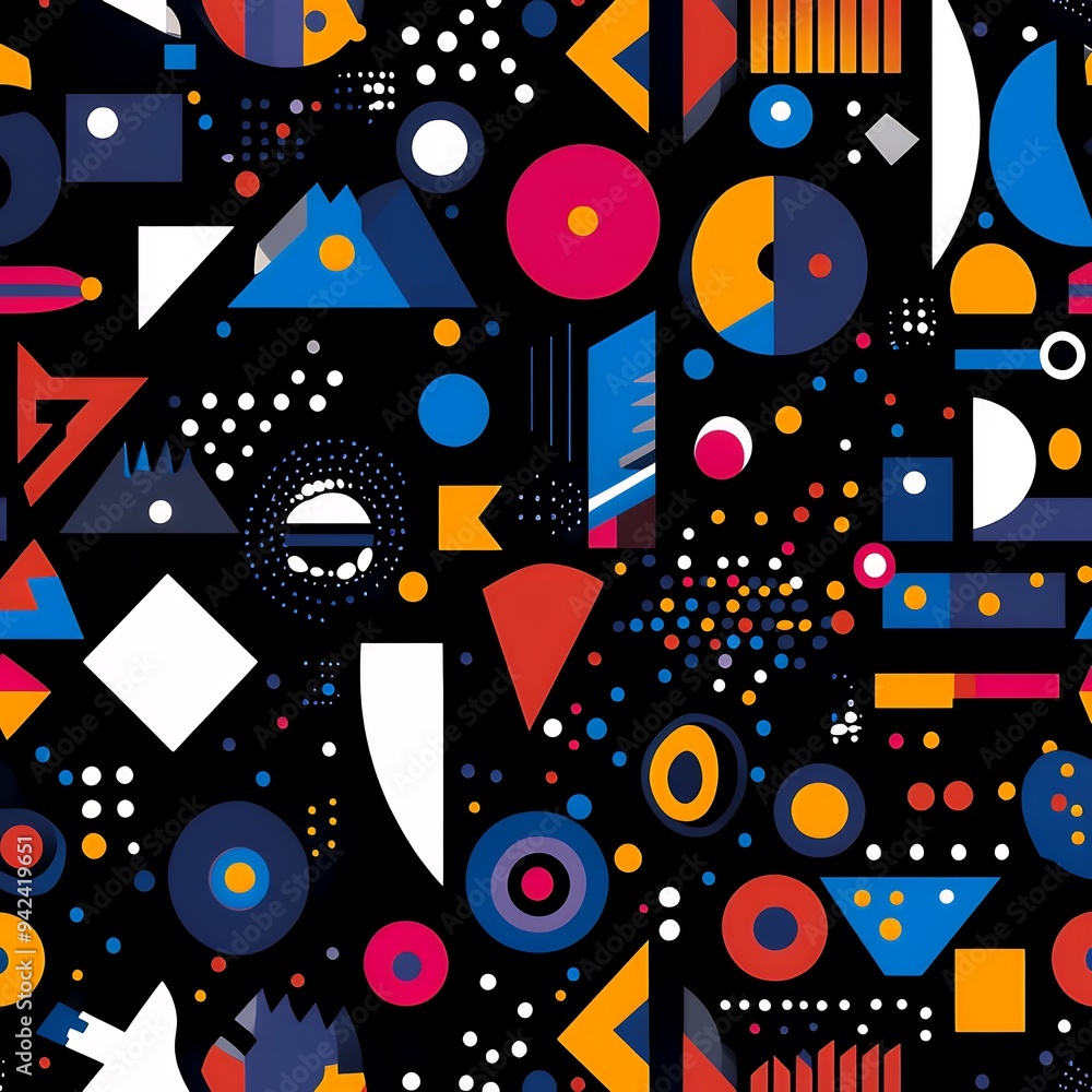 A vibrant abstract pattern featuring geometric shapes and colors on a black background. A vibrant abstract pattern featuring geometric shapes and colors on a black background.
