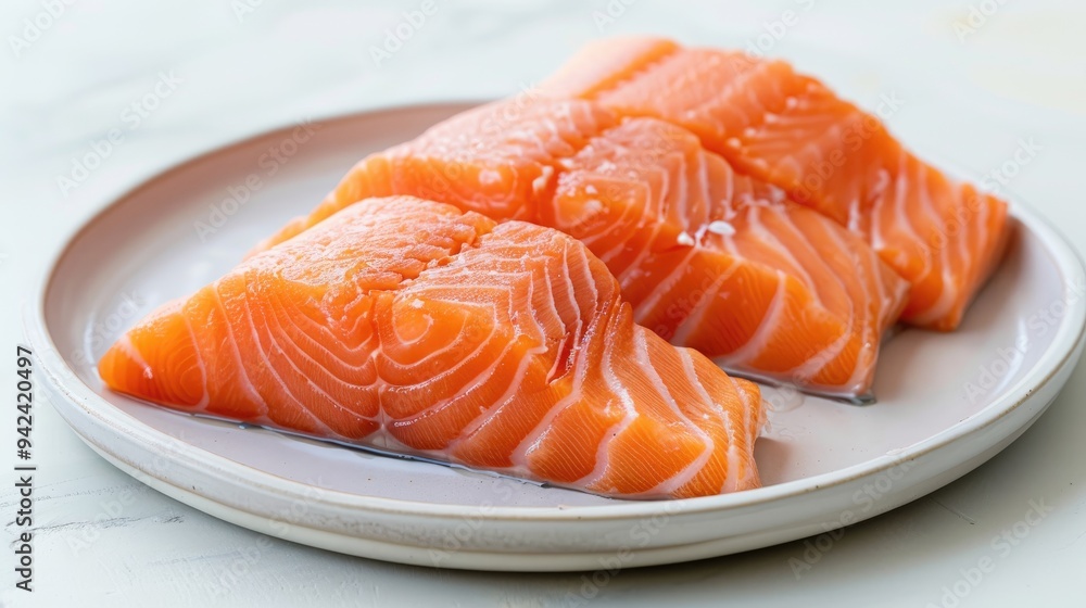 Cut salmon on plate on white surface Cut salmon on plate on white surface