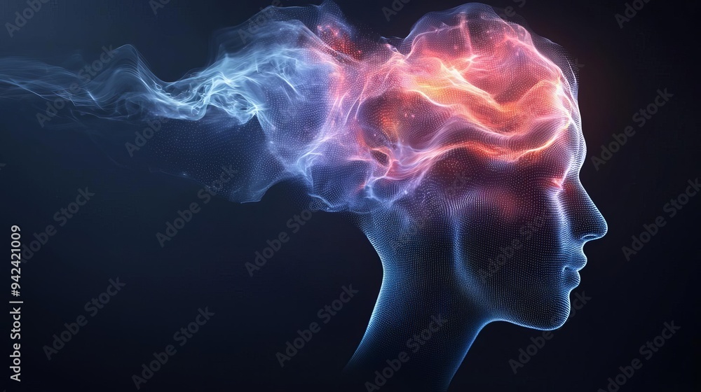 Holographic migraine simulation, dull pulsing effects, advanced neurotechnology, dim environment Holographic migraine simulation, dull pulsing effects, advanced neurotechnology, dim environment