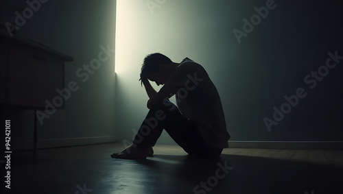 Man sitting on the floor with head down in a dark room, expressing deep sadness and depression, isolated and emotional, mental health issues concept. 