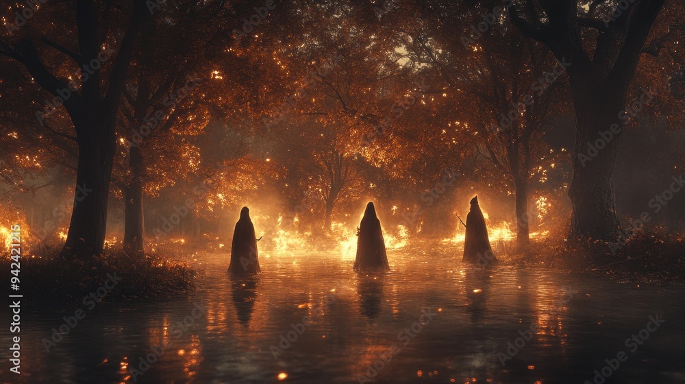 Three Figures in a Mystical Forest with Fire and Water Three Figures in a Mystical Forest with Fire and Water