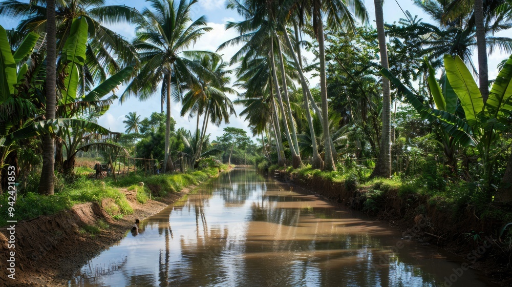 Muddy canal with sparse water bordered by coconut trees Muddy canal with sparse water bordered by coconut trees