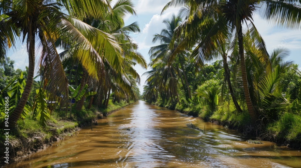 Muddy canal with sparse water bordered by coconut trees Muddy canal with sparse water bordered by coconut trees