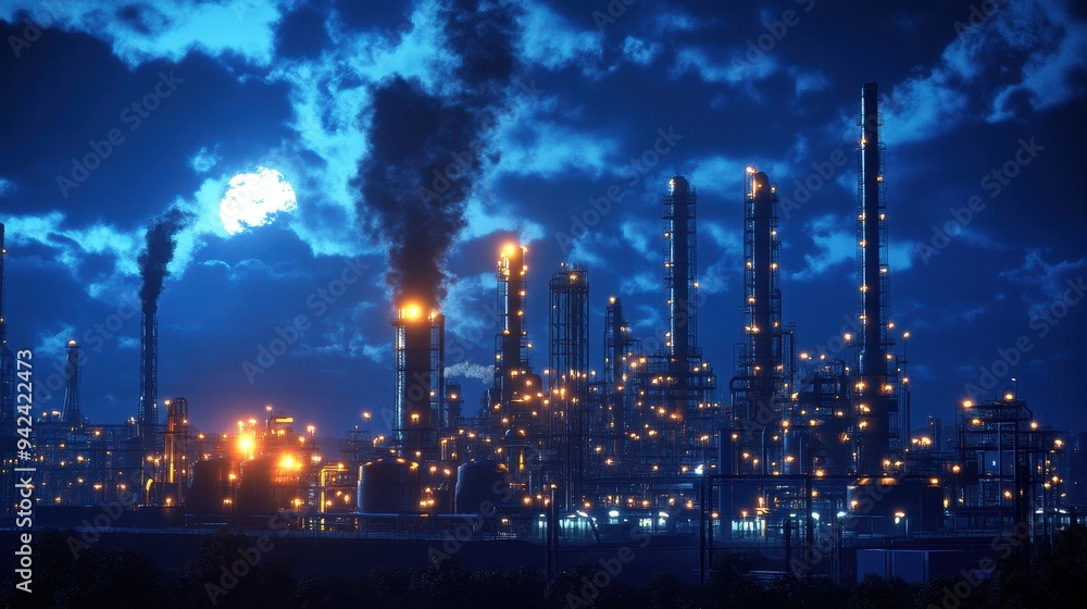 Fototapeta premium Nighttime Refinery with Smoke and Moon