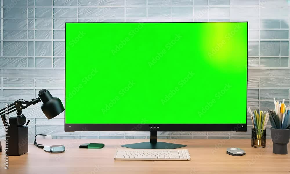 Green Screen Workspace: Computer, Keyboard, Mouse, Desk Setup Green Screen Workspace: Computer, Keyboard, Mouse, Desk Setup
