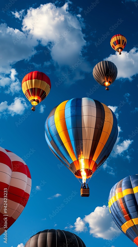 Colorful hot air balloons soaring in a bright blue sky filled with fluffy clouds, creating a vibrant and uplifting atmosphere. Colorful hot air balloons soaring in a bright blue sky filled with fluffy clouds, creating a vibrant and uplifting atmosphere.