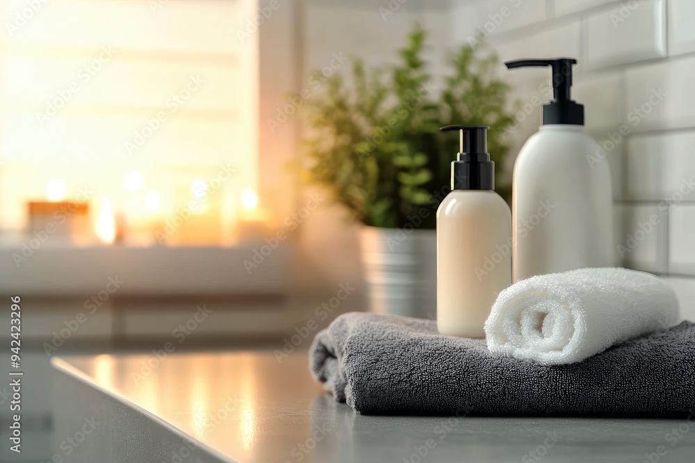 Shampoo and body lotion bottle, candle, towels and copy space on bathroom countertop with generative ai Shampoo and body lotion bottle, candle, towels and copy space on bathroom countertop with generative ai