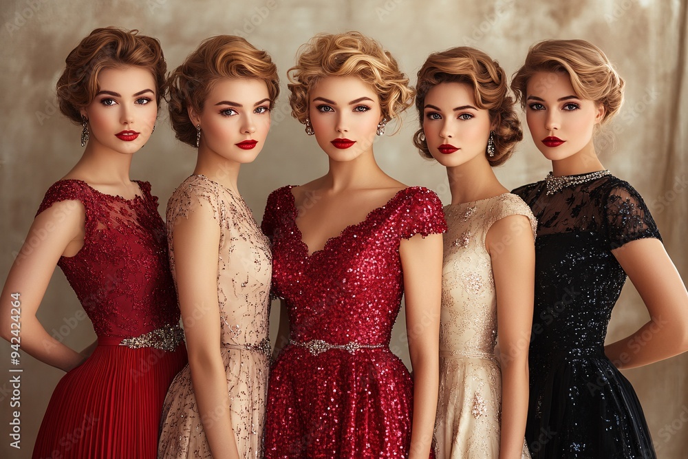 Group of five women in glamorous evening gowns Group of five women in glamorous evening gowns