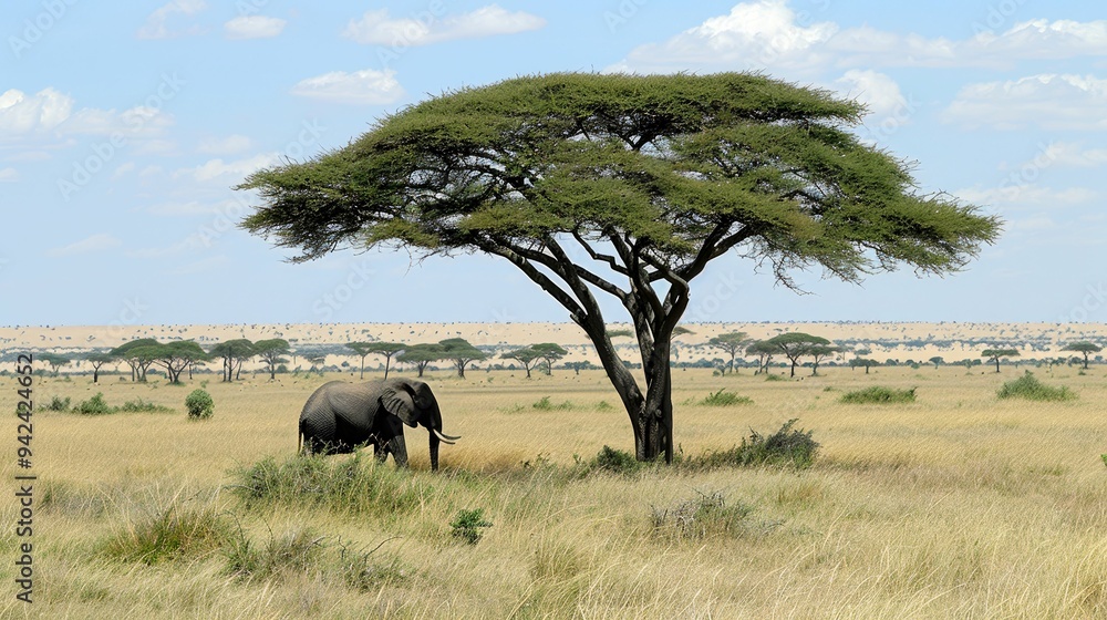 Fototapeta premium Elephant Grazes Underneath an Umbrella Acacia Tree in the African Savanna