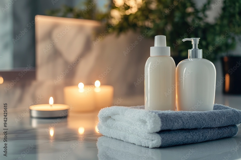 Shampoo and body lotion bottle, candle, towels and copy space on bathroom countertop with generative ai Shampoo and body lotion bottle, candle, towels and copy space on bathroom countertop with generative ai
