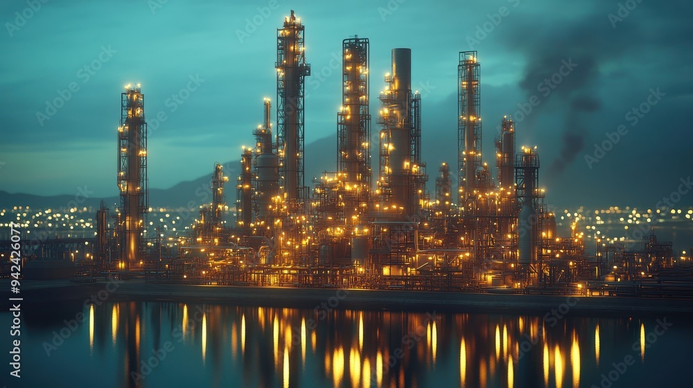 Illuminated Industrial Refinery at Night with Water Reflection Illuminated Industrial Refinery at Night with Water Reflection