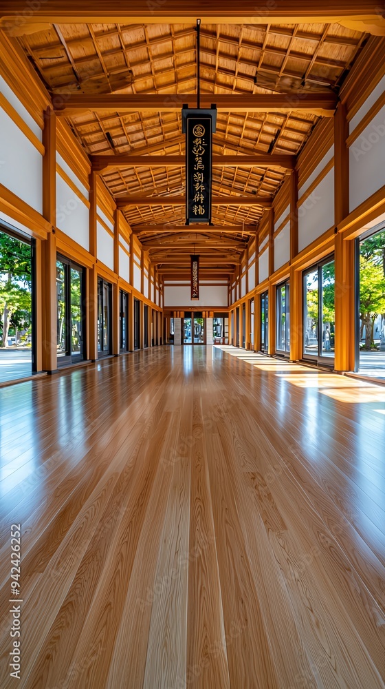 Spacious wooden interior of a traditional building, showcasing warm tones and natural light, ideal for serene and architectural themes. Spacious wooden interior of a traditional building, showcasing warm tones and natural light, ideal for serene and architectural themes.