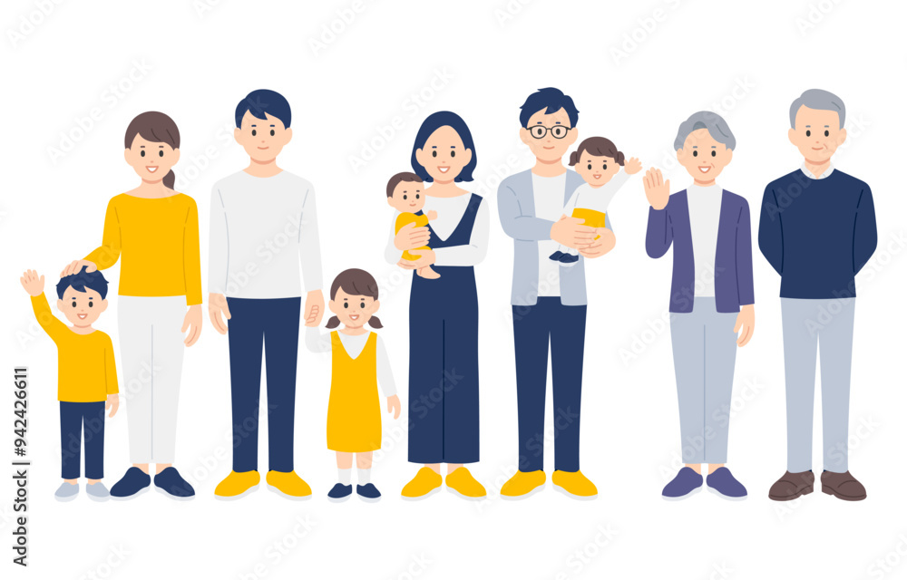 笑顔の子育て世帯･三世代家族の全身セット【人物ベクターイラスト素材】