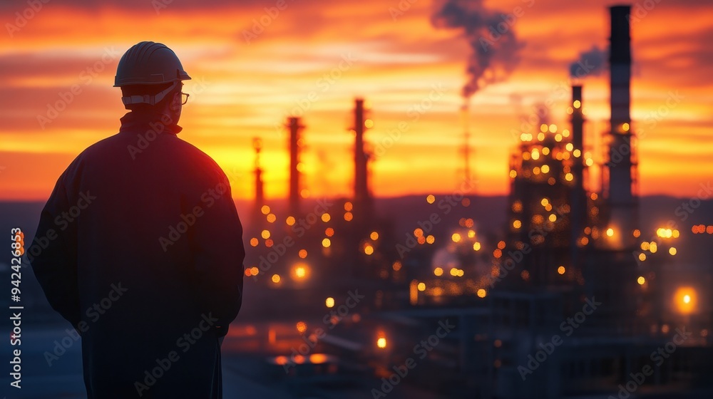 Industrial Worker at Sunset with Oil Refinery in Background Industrial Worker at Sunset with Oil Refinery in Background
