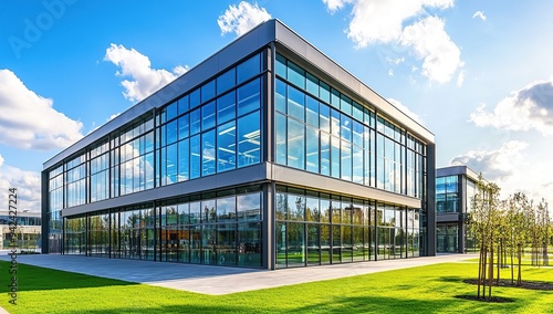 A modern office building with large glass windows and steel frames