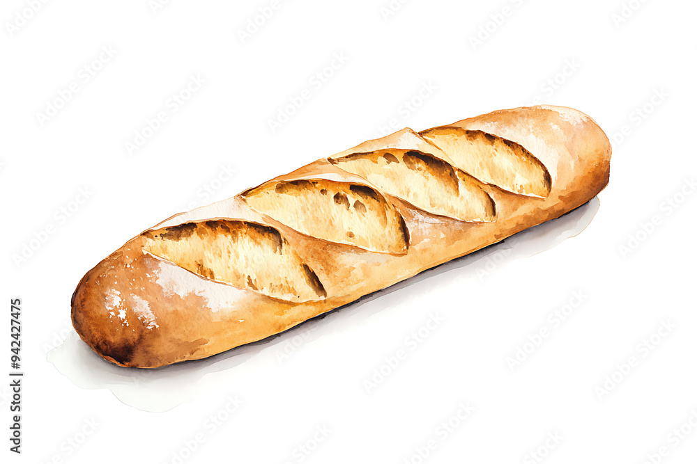 A long, thin, crusty bread with four slices A long, thin, crusty bread with four slices