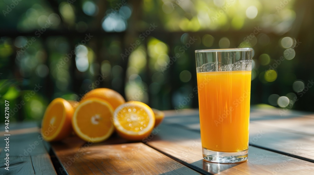 Orange juice on wooden outdoor table Orange juice on wooden outdoor table