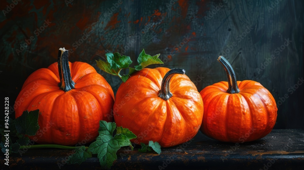 Orange Pumpkins on a dark table Orange Pumpkins on a dark table