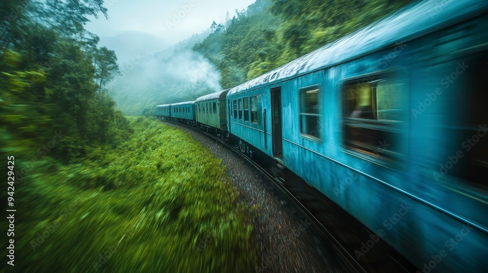 Fototapeta premium A train travels through a lush, misty landscape, creating a sense of adventure and exploration.