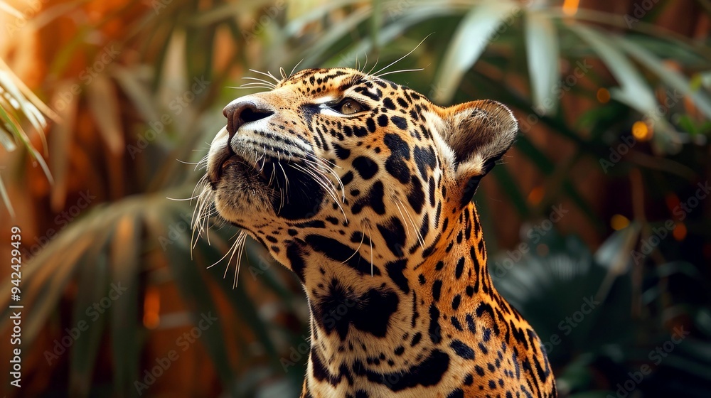 Naklejka premium A Close-Up of a Jaguar's Head Looking Upward
