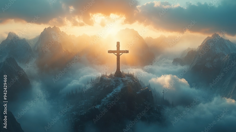Cross on Mountain Peak with Clouds and Sunset Cross on Mountain Peak with Clouds and Sunset