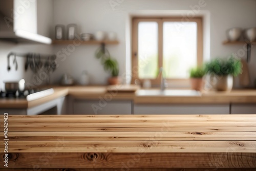 Wooden Countertop with Blurred Kitchen Background