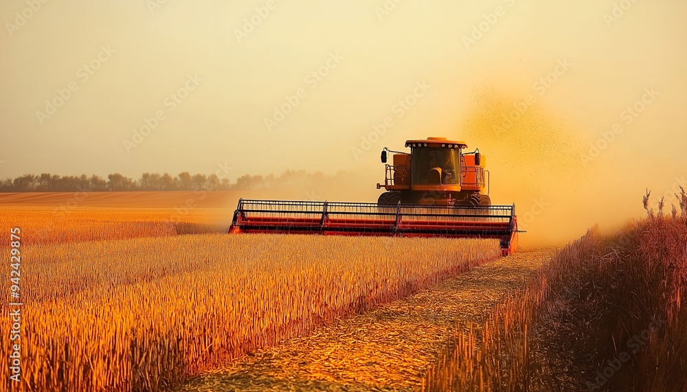 Naklejka premium A combine harvester working in a golden wheat field at sunset, creating dust clouds.