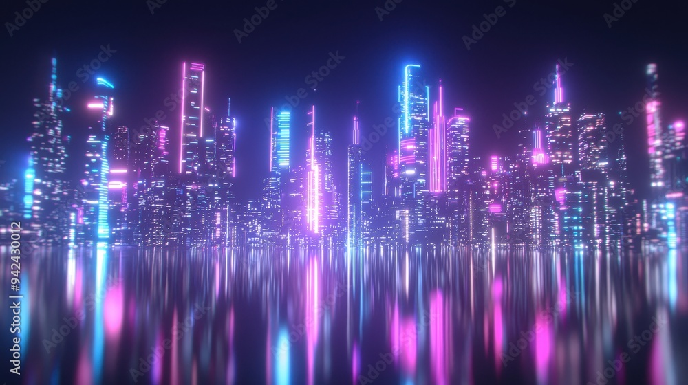 Futuristic Neon Cityscape with Glowing Towers and Reflections Futuristic Neon Cityscape with Glowing Towers and Reflections