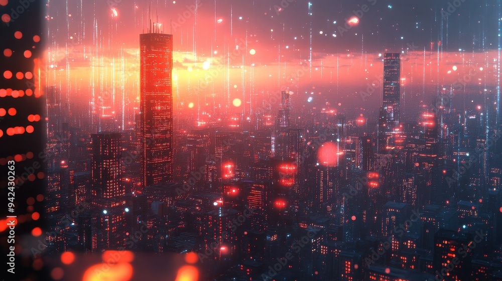 Futuristic Cityscape with Red Lights and Bokeh Effect Futuristic Cityscape with Red Lights and Bokeh Effect