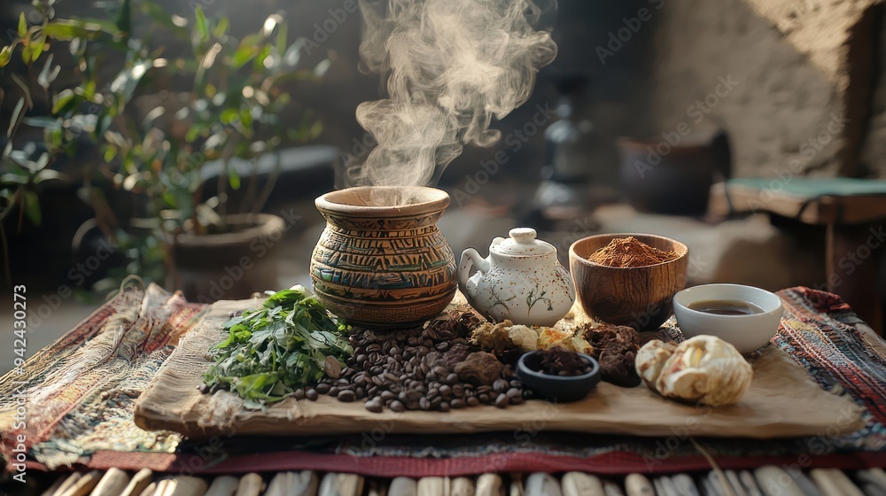 Fototapeta premium Authentic Ethiopian Coffee Ceremony in Traditional Setting with Cultural Elements, Emanating Warmth and Inviting Hospitality, Generative Ai