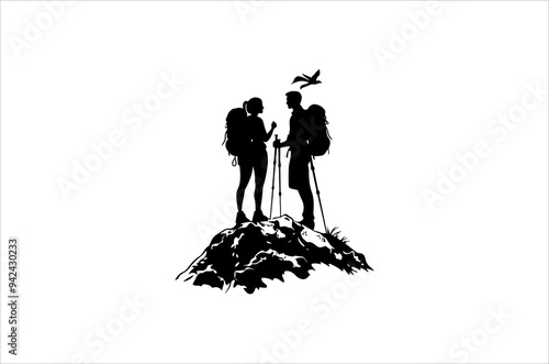 Hiking minimalist and simple silhouette vector illustration. Hiker Silhouette Images. Hiking Silhouette vector on white background. 