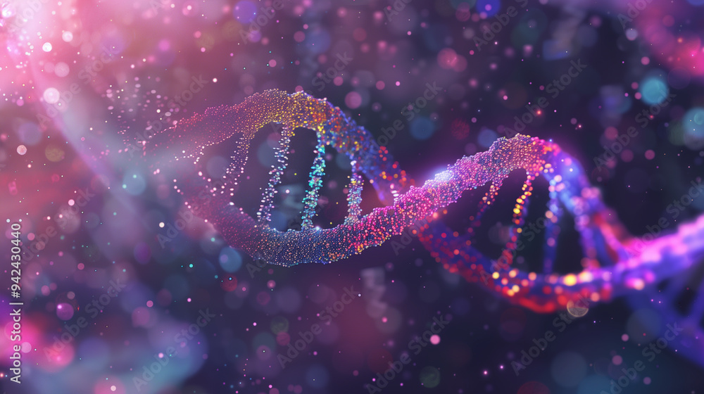 Glowing digital representation of a DNA strand in a colorful, futuristic space Glowing digital representation of a DNA strand in a colorful, futuristic space