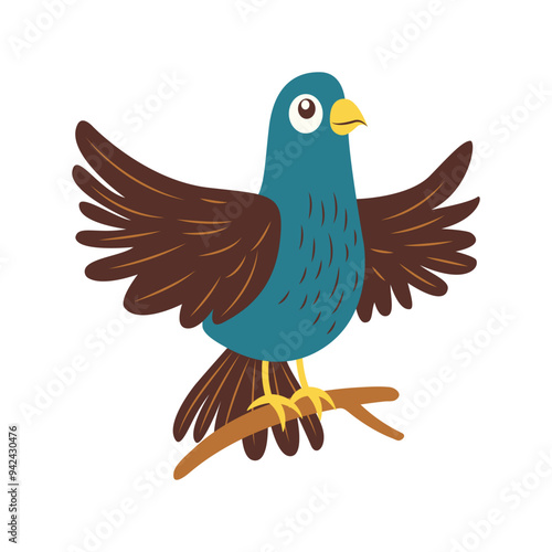 Cute Eagle Hawk Falcon Bird Animal Cartoon Character Flapping Wings on Tree Branch