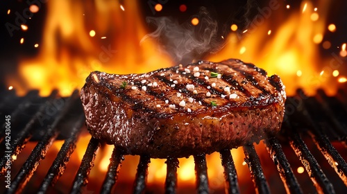 Juicy grilled steak sizzling over an open flame, showcasing a perfect sear and smoky flavor, ideal for food lovers and chefs. photo