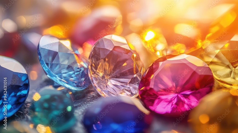 A detailed close-up of colorful gemstones, reflecting light beautifully on a polished surface under warm lighting, A detailed close-up of colorful gemstones, reflecting light beautifully on a polished surface under warm lighting,