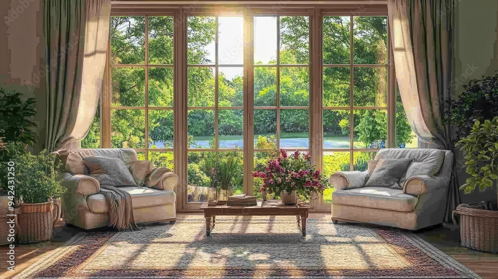 Fototapeta premium Sunny Living Room with Garden View and Comfortable Armchairs