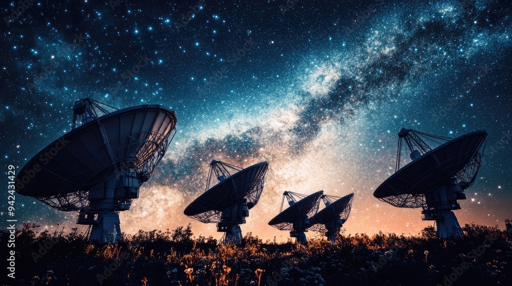 A dramatic image of radio telescopes set against the backdrop of the Milky Way A dramatic image of radio telescopes set against the backdrop of the Milky Way