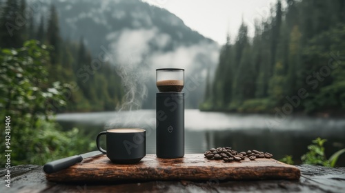 Tranquil Aeropress Coffee Brewing on Camping Trip by Serene Lake, Generative Ai photo